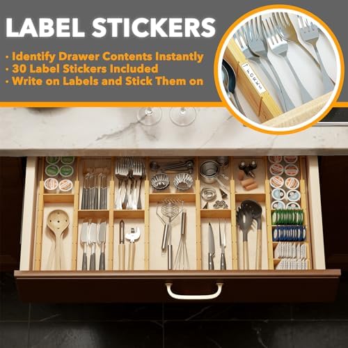SpaceAid Bamboo Drawer Dividers with Inserts and Labels, Kitchen Adjustable Drawer Organizers, Expandable Organization for Home, Office, Dressers, 10 Dividers with 24 Inserts (17"-22" Natural)