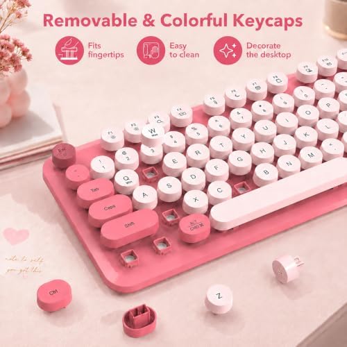 Wireless Keyboard and Mouse Combo, Round Keycaps, Magnetic Wrist Rest, Pink