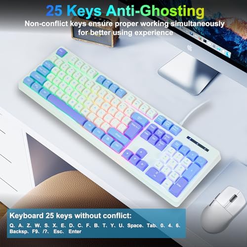 HUO JI Wired Gaming Keyboard with Rainbow LED Backlit, White Blue