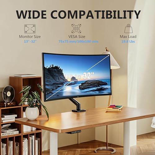 Single Monitor Arm, Fully Adjustable Monitor Mount Fits 13-32 Inch Flat/Curved Screens, Gas Spring Monitor Desk Mount with Clamp & Grommet Base, VESA 75x75/100x100mm, Holds Up to 19.8 lbs