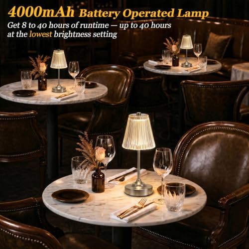 Silver Cordless Rechargeable Table Lamp, Touch Battery Powered Lamp, 3 Color Modes, Crystal Acrylic Lampshade, Portable Ambient Night Light for Desk, Bedroom, Living Room, Dining Room, Kitchen, Bar