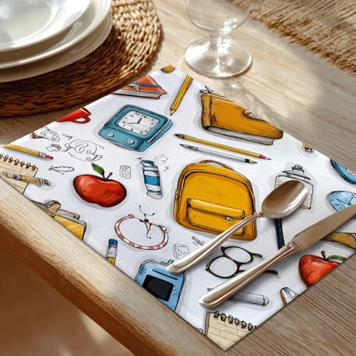 Shrahala School Bag Pencil Set of 6 12 X 18 Inch Linen Placemats, Notebook Clock Burlap Table Mat Washable Double Layered Heat Insulation for Indoor/Outdoor