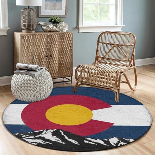 Large Home Decor Mat, Soft Round Yoga Carpet, Non Slip Machine Washable Home Office Circle Rug Colorado Flag Vintage Mountain