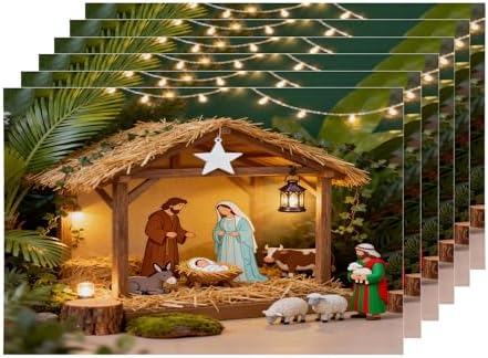Shrahala Brown Christian Christmas Set of 6 12 X 18 Inch Linen Placemats, Straw Yellow Black Holy Virgin Burlap Table Mat Washable Double Layered Heat Insulation for Indoor/Outdoor