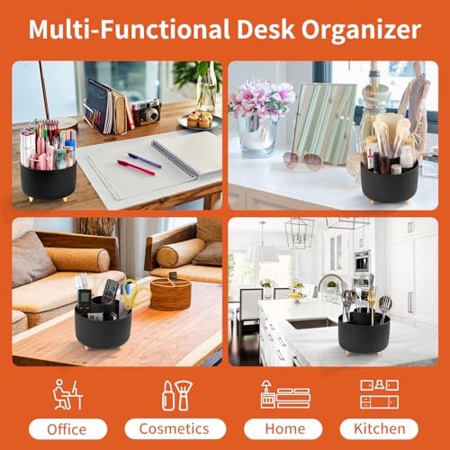 Desk Pencil Pen Holder, 5 Slots 360°Degree Rotating Pen Organizers for Desk, Desktop Storage Stationery Supplies Organizer, Cute Pencil Cup Pot for Office, School, Home, Art Supply, Black
