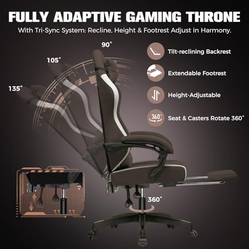 GTPLAYER Gaming Chair, Ergonomic Computer Chair with Footrest and Lumbar Support, High Back Recliner Chair 350lbs, Height Adjustable for Home Office, Brown