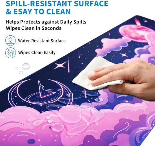 Extended Cute Kawaii Desk Mat, XL Large Gaming Mouse Pad, Pink Galaxy Cloud Moon Stitched Edges Waterproof with Non-Slip Rubber Base for Computer Keyboard Laptop Work Home Office 31.5"x11.8"