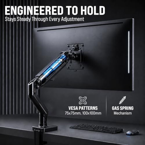EVEO Premium Single Monitor Arm 14"–34", Adjustable Gas Spring Monitor Mount, Single Arm Desk Mount for 34 Inch Computer Screens, VESA Compatible Stand with Clamp and Grommet Base – Black