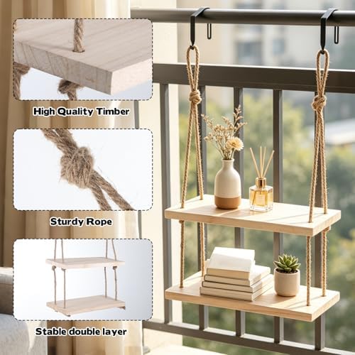 2Pcs Cubicle Shelf for Walls, Office Cubicle Accessories for Work, 11.8" 2 Tier Wooden Hanging Wall Shelf with Hooks & Cotton Rope Boho Style Decor Desk Wall Organizer Storage for Office Home