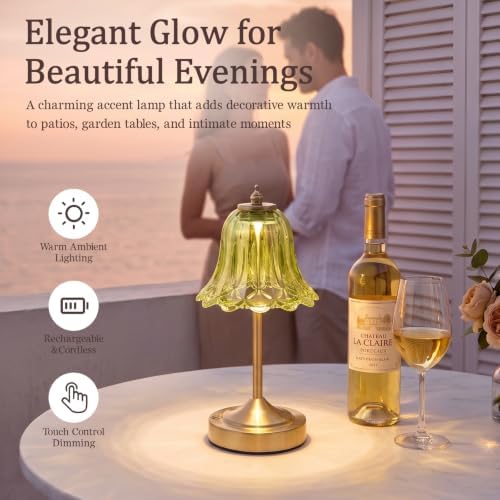 Cordless Table Lamp, Rechargeable Green Glass Tulip Flower Touch Lamp