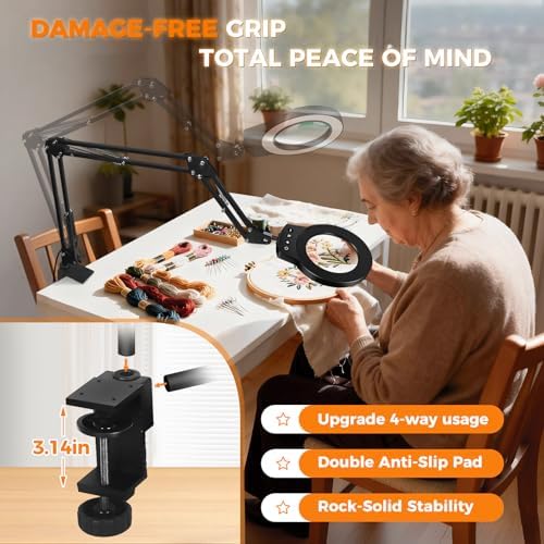 NOEVSBIG Magnifying Glass with Light 10X Desktop Lamp Close Work Up for Desk Crafting, Reading, Sewing, Panting, Soldering, Ultra 3-Section Swing Arm Design for Large Workbench, Hands Free Magnifier