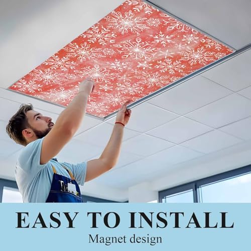 Red Snowflake Magnetic Fluorescent Light Covers for Ceiling Lights 2 x 4 Feet,Christmas Winter Festival Xmas Modern Office Classroom Kitchen Drop Ceiling Light Covers Lighting Shade Panel 1 Pack