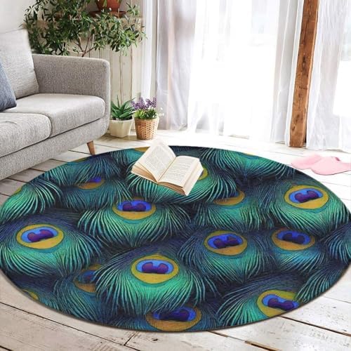 Large Home Decor Mat, Soft Round Yoga Carpet, Non Slip Machine Washable Home Office Circle Rug Peacock Feathers