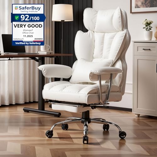 Efomao Big and Tall Office Chair 400lbs, Executive PU Leather Desk Chair with Footrest & Lumbar Support, Heavy Duty Computer Seating for Home, White