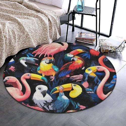 Large Round Area Rug Home Decor Modern Bathroom Rug Kitchen Office Circle Rug for Living Room Sofa Circle Cute Mat Exotic Birds Parrot Flamingo Art, 36inch