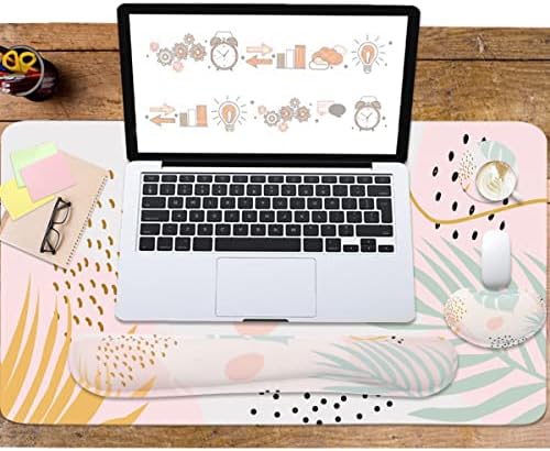 Keyboard Mouse Pad Set, Extended Mouse Pad+Keyboard Wrist Rest Support, Memory Foam Ergonomic Easy Typing, 3Pcs (35.4×15.7 in) Desk Pad Set for Home Office Study Game-Plant