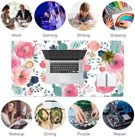 Faux Leather Large Mouse Pad, Office Desk Mat, 31.5"x15.7", Pink Floral