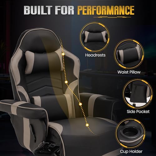 Massage Gaming Recliner Chair with Cup Holder & Side Pockets – Ergonomic PU Leather Video Gaming Chair with Footrest, Manual Recline, Headrest & Lumbar Support for Office or Game Room (Grey)