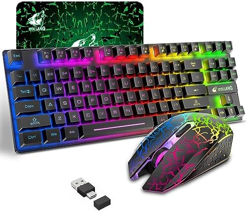 Wireless Membrane Gaming Keyboard and Mouse Set with 87Key Tenkeyless-Black