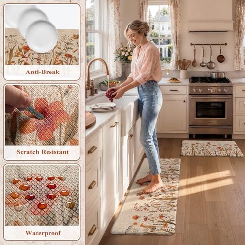 KIMODE Fall Kitchen Mats Cushioned Anti Fatigue, Orange Boho Farmhouse Rugs