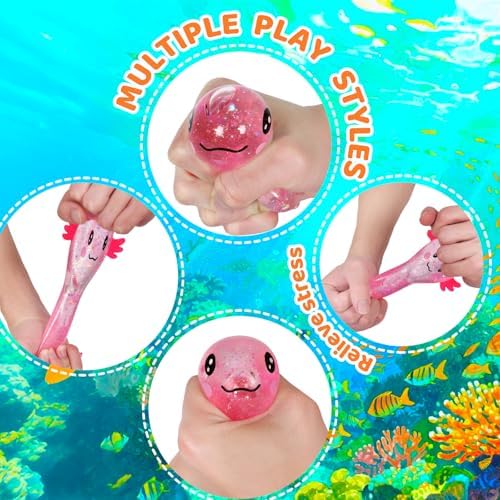 Axolotl Squishy Stress Relief Toy Glitter Fidget Toys Cute Malt Sugar Axolotl Toy Fidget Toys Adults Fidget Toy for Kids Youth Adult, Party Favors Anxiety Relief Squishy Toys(Pink)