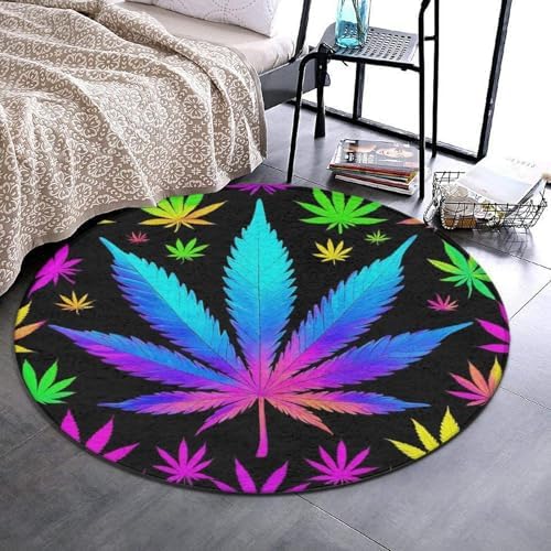 Large Machine Washable Circular Rugs, Home Decor Round Mat for Living Room Sofa Office Cool Trippy Weed Neon Tie Dye