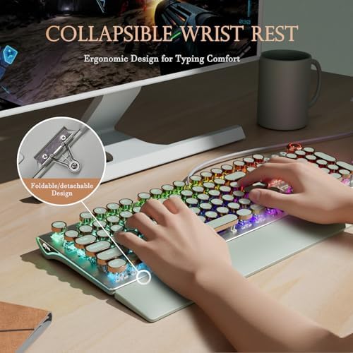 RK ROYAL KLUDGE X108 Typewriter Style Mechanical Keyboard, Wired Gaming Keyboard 108 Keys RGB Backlit Sidelight, Detachable Wrist Rest, Volume Knob, Retro Round Keycaps Blue Switches - Green
