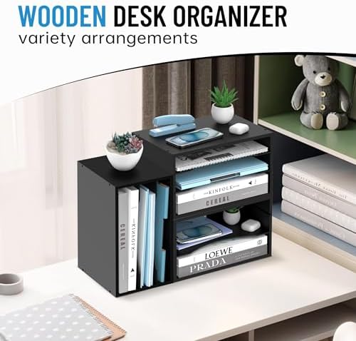 3-Tier Paper Organizer for Desk, Adjustable Mail Organizer, Black