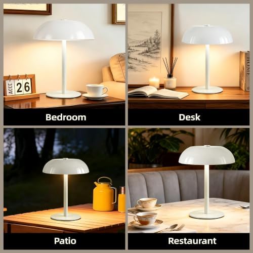 Portable LED Mushroom Table Lamp, 24H Cordless Metal Night Light with Rechargeable Battery, Stepless Dimmable 3 Colors Desk Lamp for Bedroom Bar Coffee Shop(White)