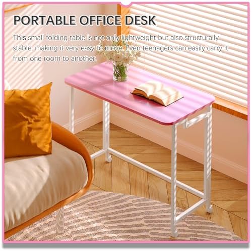 4NM 31.5" Mobile Small Rolling Computer Desk, Folding Laptop Cart Table with Wheels, Portable Office Desk for Small Space Couch Bed - Pink and White
