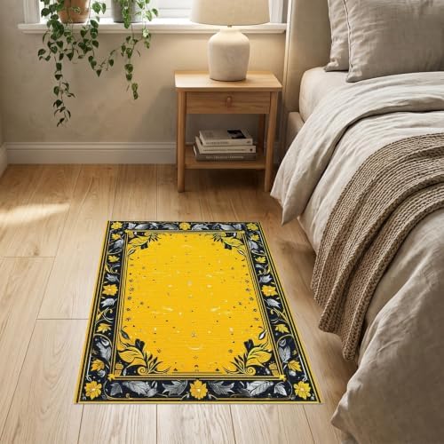 2'x3' Yellow Black Cat Golden Feline Motif Washable Throw Rug