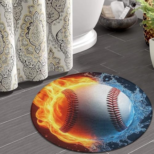 Soft Round Yoga Carpet, Office Chair Decor Round Mat for Carpet and Hardwood Floors Water Fire Flame Baseball Sport