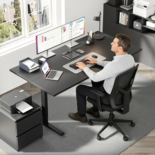 Klicelor 63 x 28 Electric Standing Desk, Sit Stand Up Home Office Desk, Height Adjustable Deep Cumputer Table with Memory Presets and Hooks, Two Pieces, Black