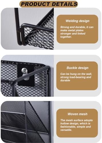 5 Tier Mesh Wall File Organizer,3 Pockets vertical Mount Hanging Organizer with Top/Bottom Tray | 2 Hooks | Wall Mount & Door Hanging for Office Home