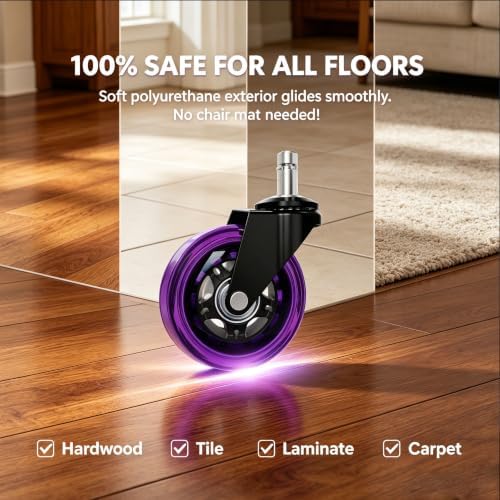 3" Office Chair Wheels, 11x22mm, Heavy Duty, Purple, Set of 5