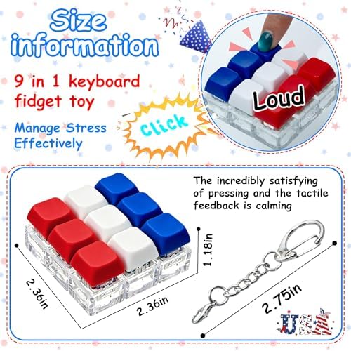 9 in 1 Keyboard Fidget Keychain Toy for Adult Kids to Stress Relief, 4th of July Keyboard Decompression Button Finger Clicker Toys, Patriotic Cube Mechanical Fidget Gifts for Office Home