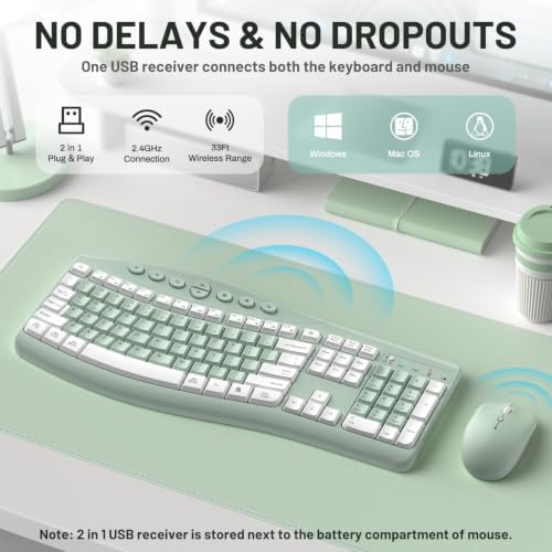 Wireless Keyboard and Mouse Combo Silent Ergonomic Curved Design for Office