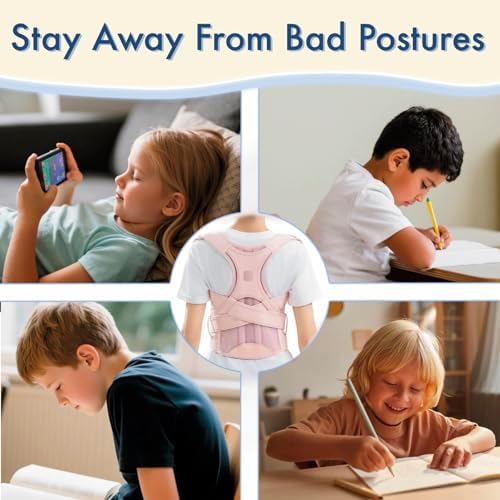 Back Brace Posture Corrector for Kids Teenagers Women, Adjustable Upper Back Straightener Lumbar Support Belt for Student Boys Girls Hunchback Scoliosis Pain Relief Spine Corrector (Pink, Large)