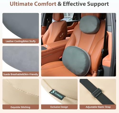 FLORICH Car Headrest and Lumbar Support Pillow for Car Office Chair, Double-Sided Skin-Friendly Suede & Leather Car Seat Pillow and Back Support, Pressure-Relieving Back Support for Car, Office Chair