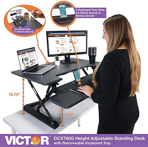 Victor High Rise 36-Inch Desk Converter, Height Adjustable Sit to Stand Riser, Dual Monitor and Laptop Workstation with Keyboard Tray, Gray