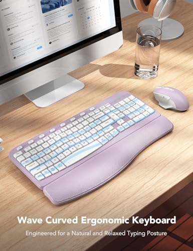 SABLUTE Purple Ergonomic Keyboard and Vertical Mouse Bundle, Wireless Wave Keyboard(2 AA Batteries powered) with Cushioned Wrist Rest and Rechargeable Vertical Mouse, Aesthetic Desk Setup for Home Off