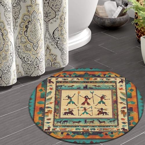 Machine Washable Modern Round Area Rug, Room Sofa Yoga Soft Round Carpet, Home Decor Non Slip Kitchen Office Circle Rug Southwestern Native American Indian, 60inch