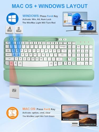 Hayyiesh Ergonomic Wave Keys Wireless Keyboard and Mouse Combo, Full Size with Memory Foam Wrist Rest & Phone Holder, 2.4G Cordless Set with USB-C Adapter for Windows Mac Desktop Laptop (Mint Green)