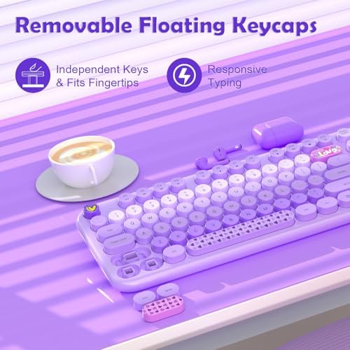 Wireless Keyboard and Mouse Combo, 104 Keys Cute Colorful Keyboard and Mouse with Retro Typewriter for PC/Mac/Laptop/Tablet/Computer/Windows Microsoft, Purple