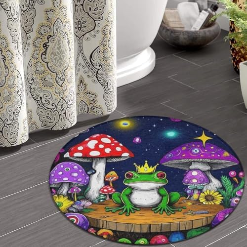 Room Sofa Yoga Soft Round Carpet, Home Decor Non Slip Kitchen Office Circle Rug, Machine Washable Modern Round Area Rug Magic Mushrooms Frog Trippy Art, 24inch