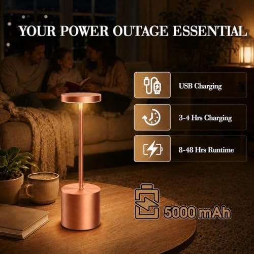 AUDLES Cordless Table Lamp, 5000mAh Rechargeable Lamp with Touch Control & Stepless Dimming, 3 Light Modes, IP54 Waterproof Portable Light for Dining Table, Patio, Bathroom, Power Outage (Rose Gold)
