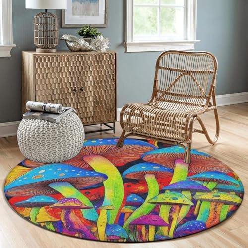 Machine Washable Modern Round Area Rug, Room Sofa Yoga Soft Round Carpet, Home Decor Non Slip Kitchen Office Circle Rug Trippy Tie Dye Magic Mushrooms Art, 36inch
