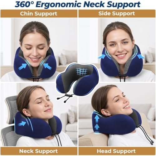 ExploreBliss Travel Pillow, Memory Foam Neck Pillow Airplane, Blue
