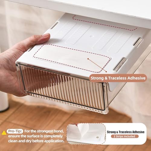 2Pcs Under Desk Storage Drawers Slide Out,Large&Medium,Stick On Drawers,Under Desk Organizer Hidden Under Table Drawer for Home Office School Organization and Storage-Clear White