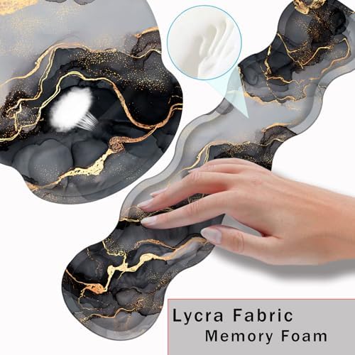 Mouse Pad,Large Pink Desk Mat, 4in1 XXL Mousepad + Keyboard Wrist Rest+Mouse Wrist Rest+Coaster Set with Ergonomic Desk Pad for Home Office Table Computer-Black Golden Marble